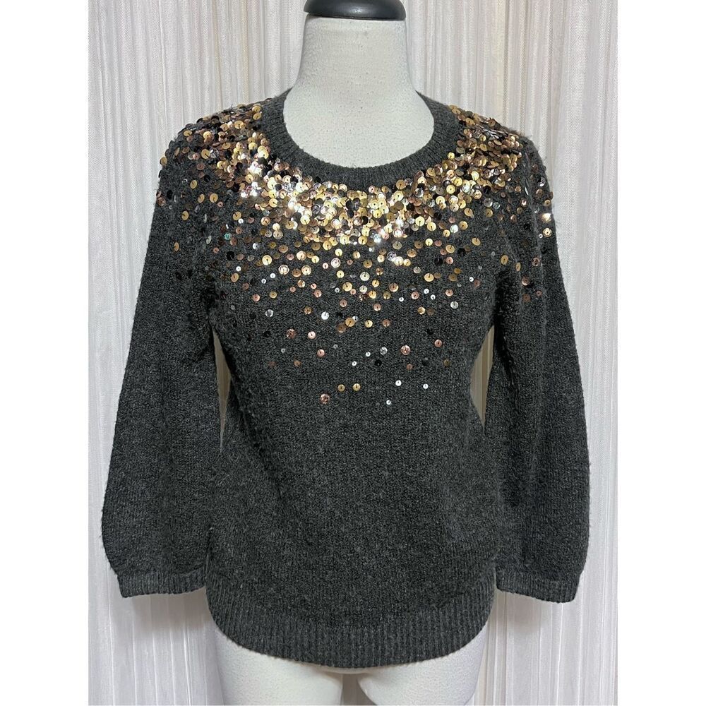 Halogen 3/4 Gray Nubby Pullover Sweater with Sequins Size Small